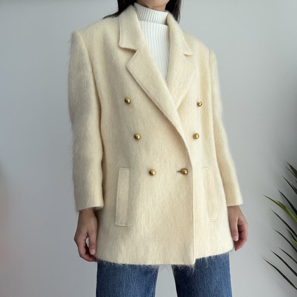Vintage Fuzzy Mohair Coat Womens M/L Cream Double Breasted Military USA Made 80s - Picture 2 of 10